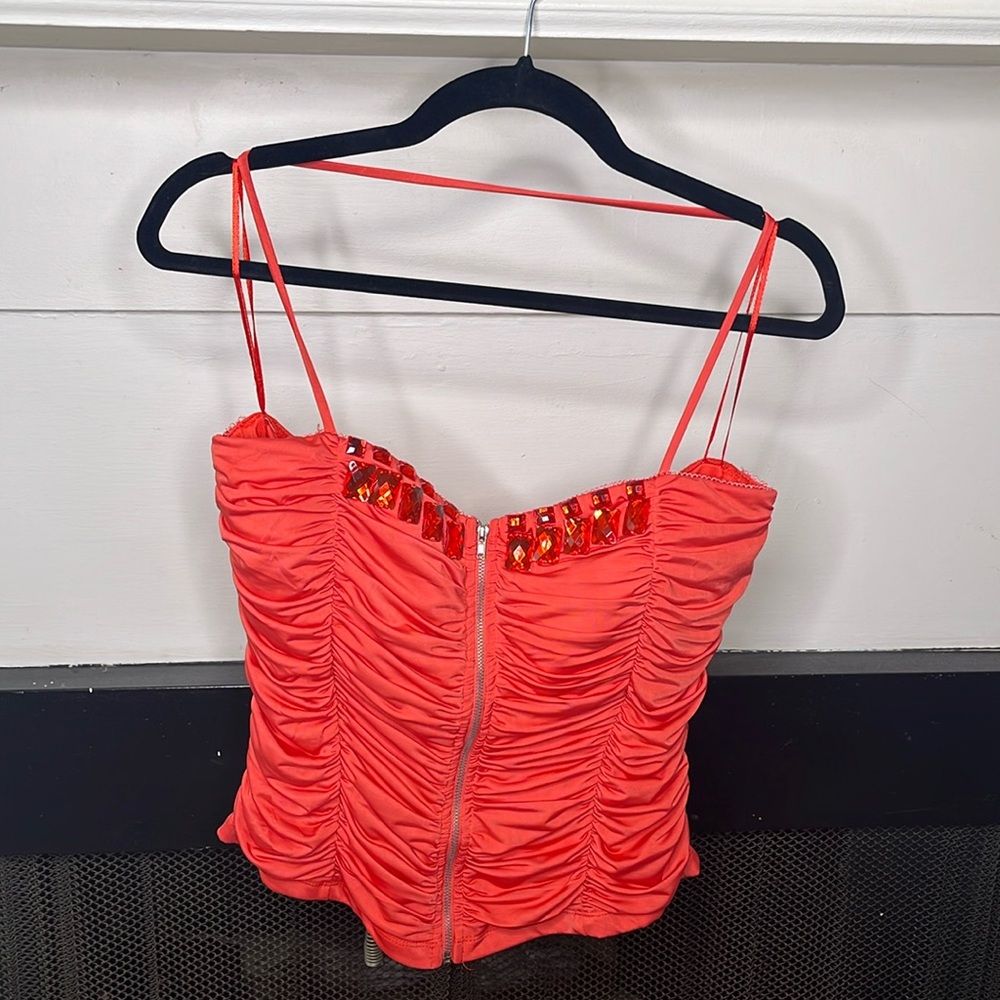 Coral jeweled ruched top